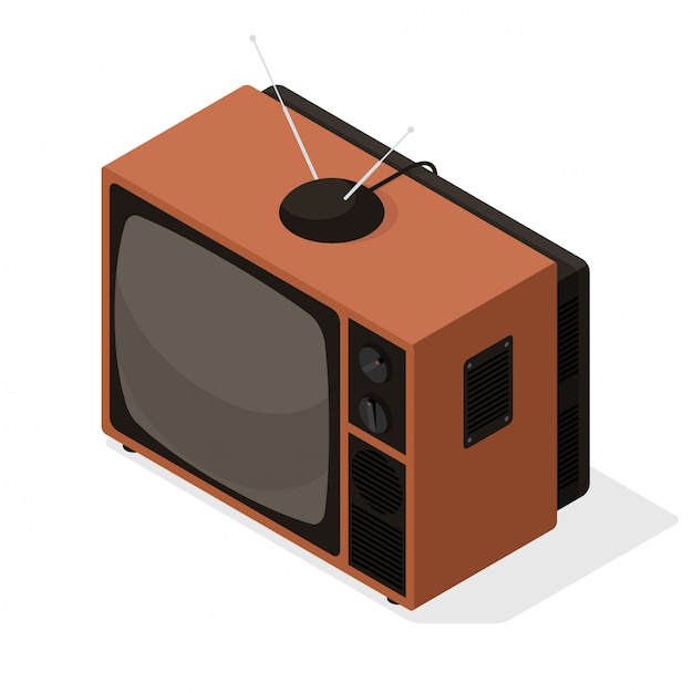 Icono de vector isométrico de televisor retro con antena en la parte superior. Ilustración de TV 3d isométrica de estilo antiguo aislado
