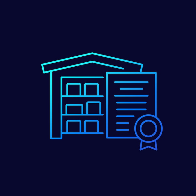 Icono de vector de línea de almacén y certificado