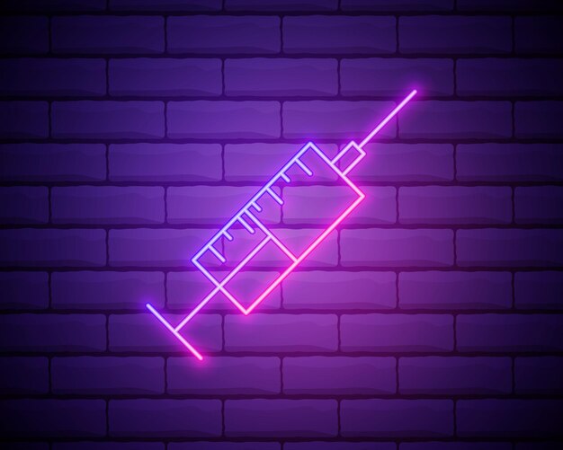 Icono de vector médico de inyección de droga Icono de vector de neón de estilo retro Icono de vector sobre fondo de pared de ladrillo