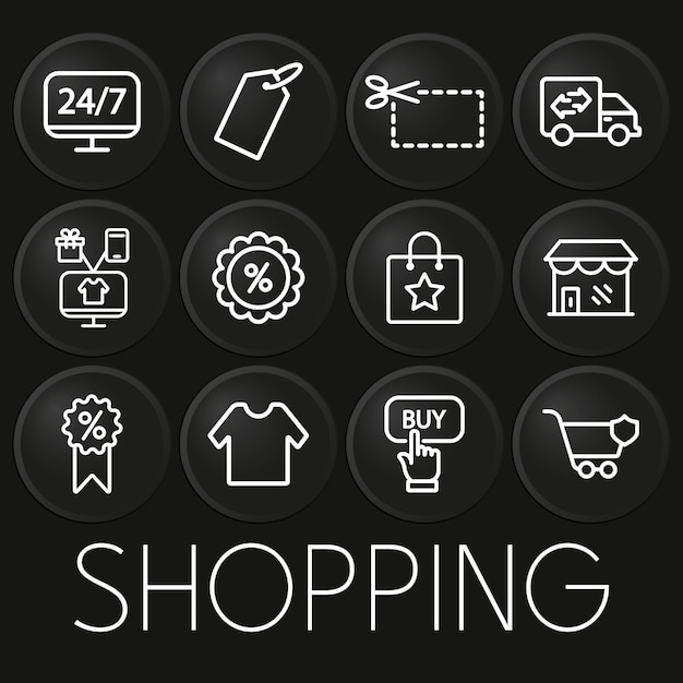 Icono de vector mínimo de compras en botón 3D aislado sobre fondo negro Vector PremiumxD