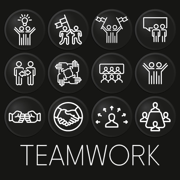 Icono de vector mínimo de trabajo en equipo en el botón 3D aislado sobre fondo negro Vector PremiumxD