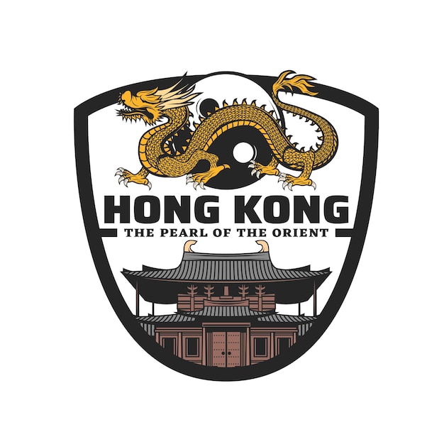 Icono de vector de monasterio y dragón, viajes de Hong Kong