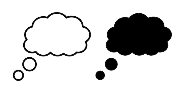 El icono del vector con la nube blanca y negra piensa en el fondo blanco. Diálogo, burbuja de diálogo de chat.