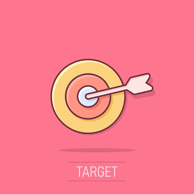 Icono del vector de objetivo en estilo cómico Ilustración de dibujos animados de juegos de dardos en un fondo aislado Conceptos de efecto de salpicaduras de objetivos deportivos de Dartboard