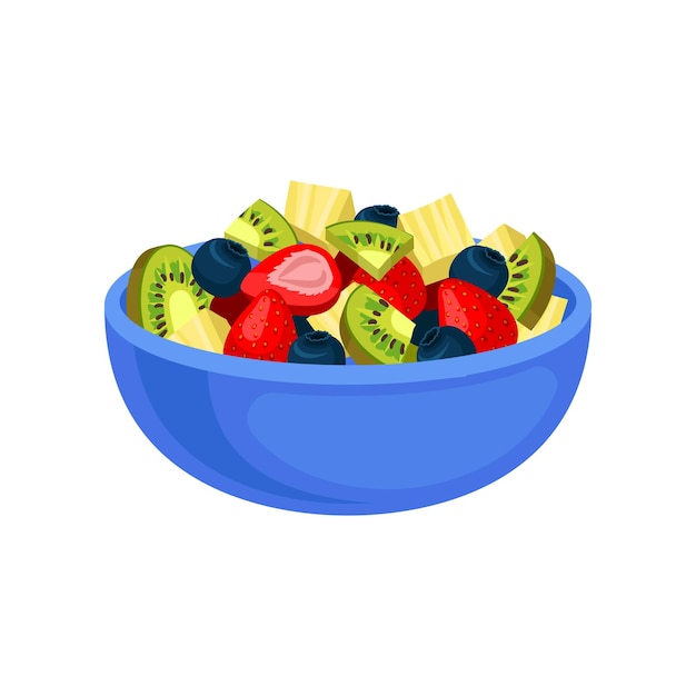 Icono de vector plano de apetitosa ensalada de frutas Kiwi en rodajas y piña jugosa fresa y arándano en tazón de cerámica azul