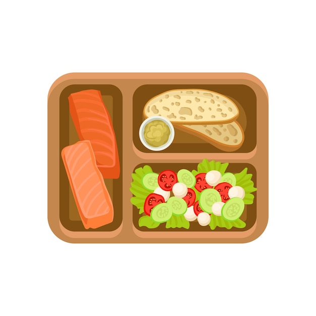 Icono de vector plano de bandeja marrón con comida sabrosa pan de salmón con salsa y ensalada de verduras frescas deliciosa comida para el almuerzo