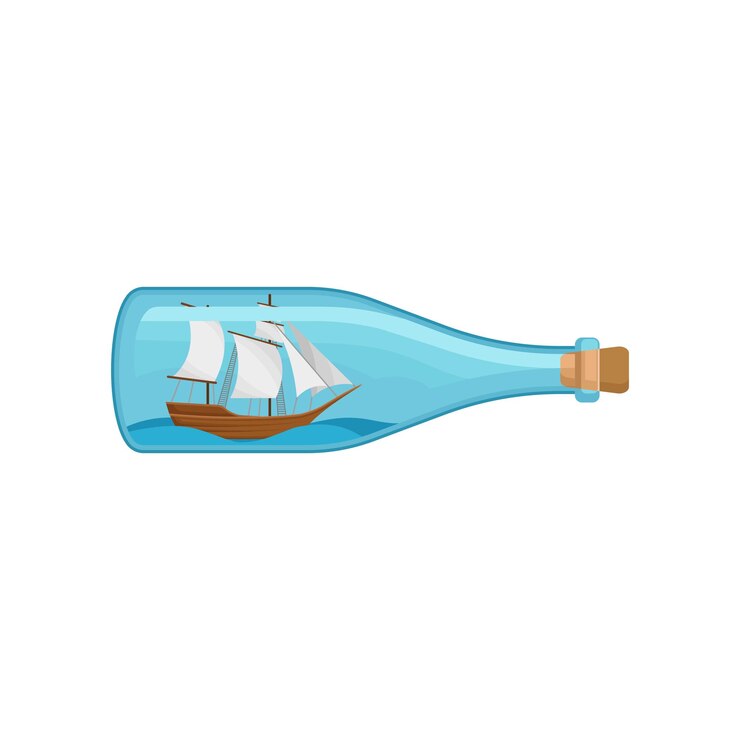 Vector icono de vector plano de botella de vidrio con barco de mar y agua dentro modelo en miniatura de embarcación marina hobby y tema hecho a mano