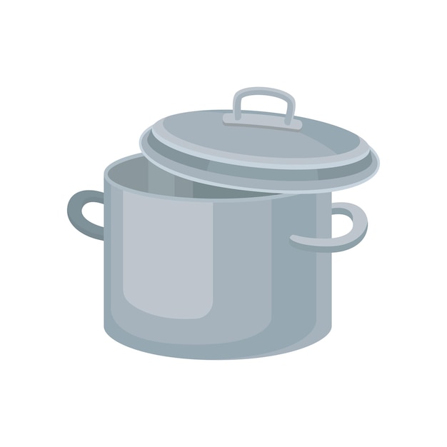 Icono de vector plano de cacerola de metal para cocinar alimentos Olla inoxidable con dos asas y tapa Tema de utensilios de cocina