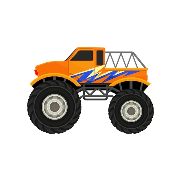 Icono de vector plano de camión monstruo pesado Camioneta naranja con neumáticos grandes ventanas tintadas en negro y calcomanía azul Tema del automóvil