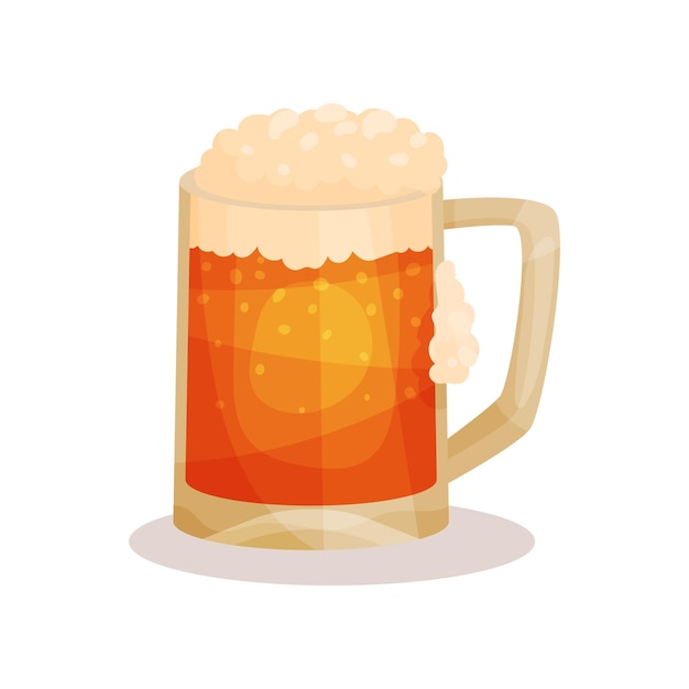 Icono de vector plano de cerveza de barril con espuma bebida alcohólica en taza de vidrio con asa elemento para cartel publicitario o volante