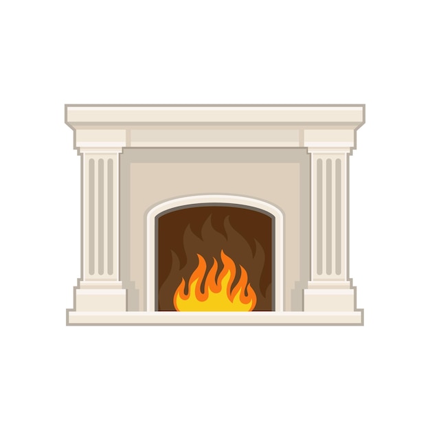 Icono de vector plano de chimenea de mármol clásica con fuego para sala de estar Elemento de decoración del hogar