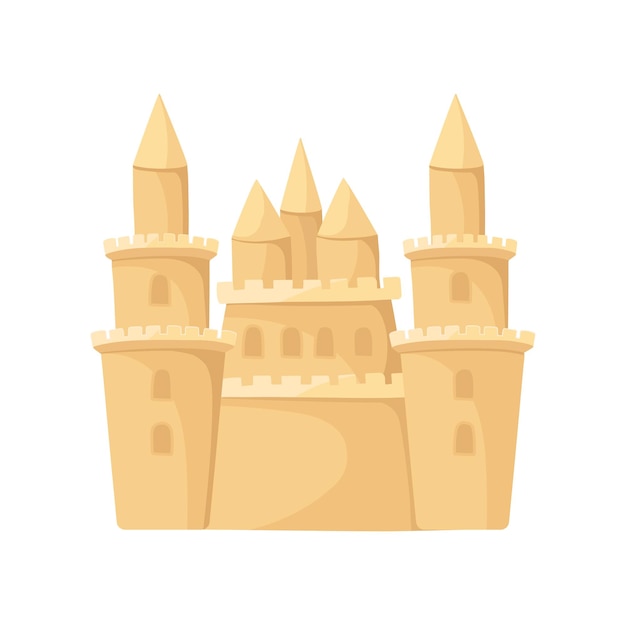 Icono de vector plano de enorme castillo de arena con torres Tema de vacaciones en la playa Elemento para el libro infantil de carteles o juego móvil