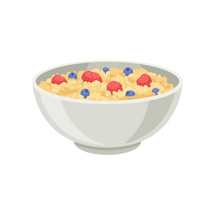 Vector icono de vector plano de gachas de avena o arroz con arándanos y fresas en tazón de cerámica comida deliciosa y saludable para el desayuno