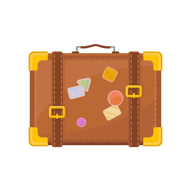 Icono de vector plano de maleta retro con pegatinas bolsa de viaje vintage con mango pequeño esquinas doradas y cinturones equipaje para la aventura