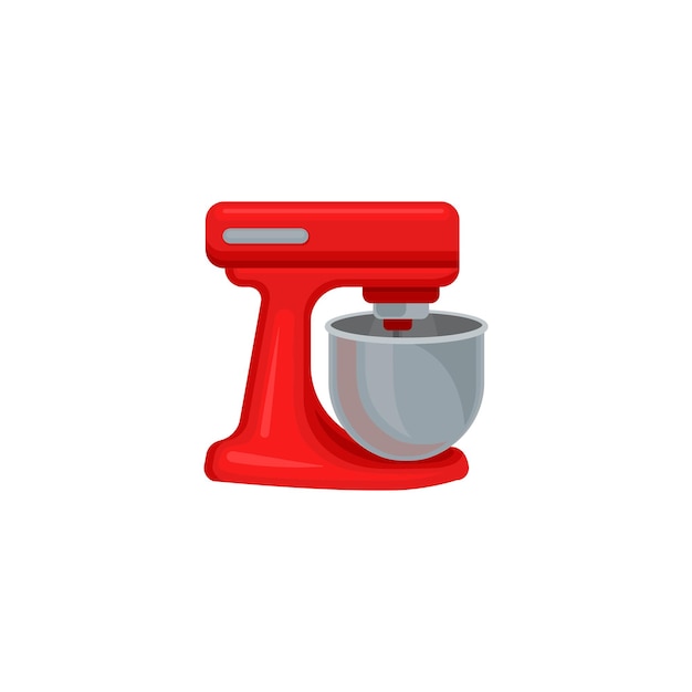 Icono de vector plano de mezclador de masa roja con tazón de acero inoxidable Equipo de panadería Aparato de cocina moderno