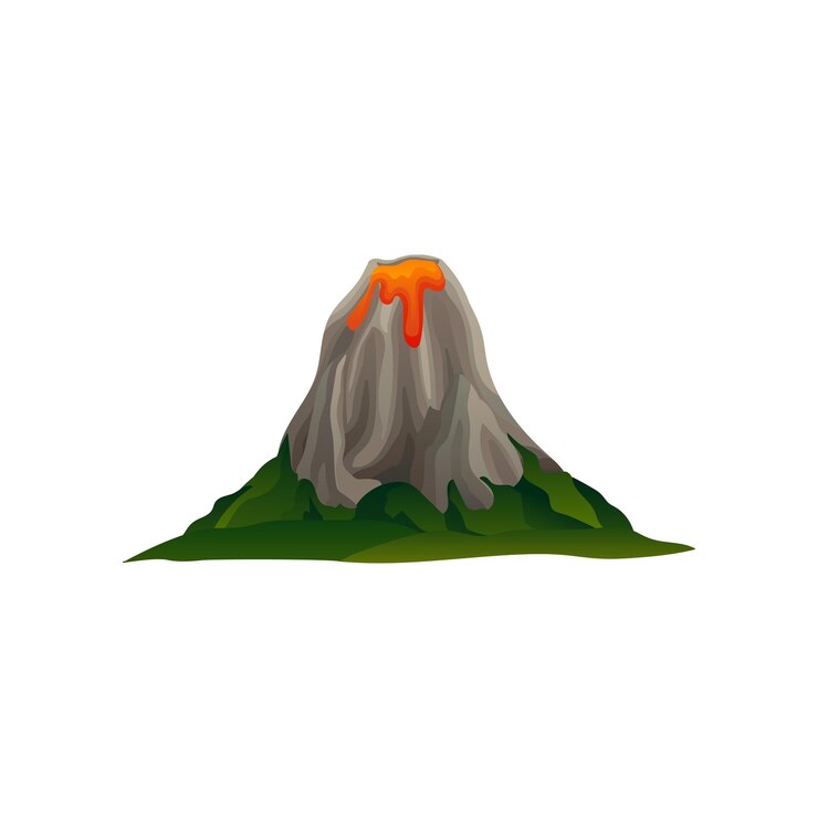 Vector icono de vector plano de montaña con cráter y lava que fluye llarge volcán rodeado de prado verde elemento de diseño de paisaje