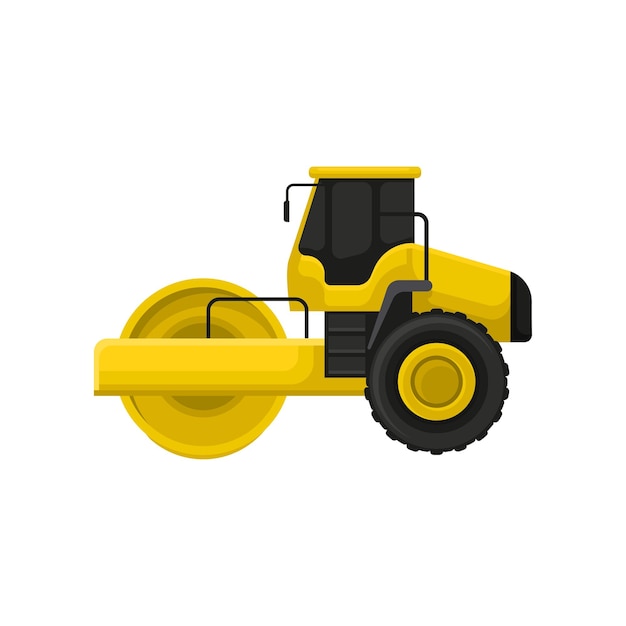 Icono de vector plano de rodillo de carretera amarillo vehículo de motor de ingeniería con rodillo pesado máquina utilizada para la construcción de carreteras