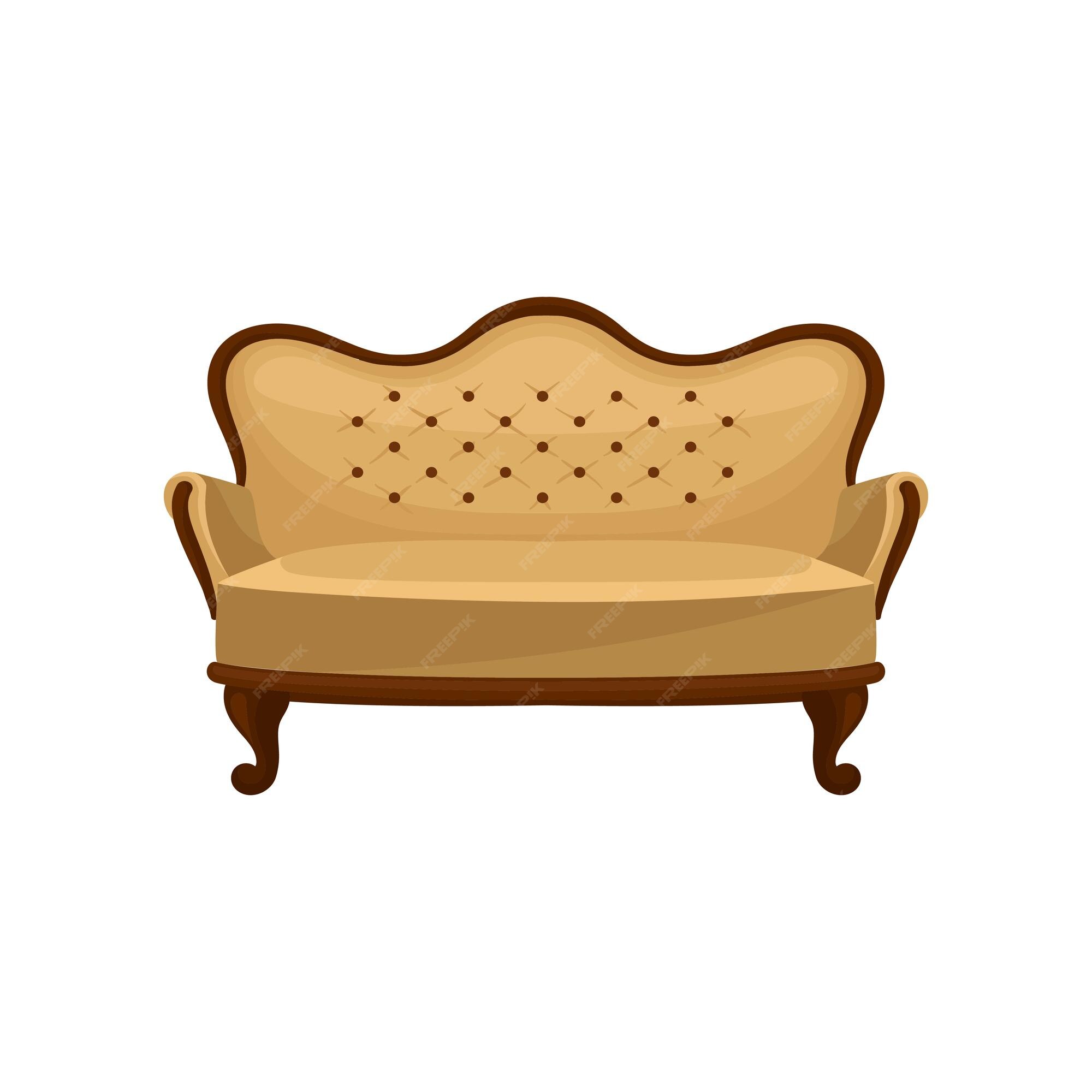 Icono de vector plano de sofá vintage clásico sofá de con ribete beige objeto interior muebles antiguos de lujo para sala estar | Vector Premium