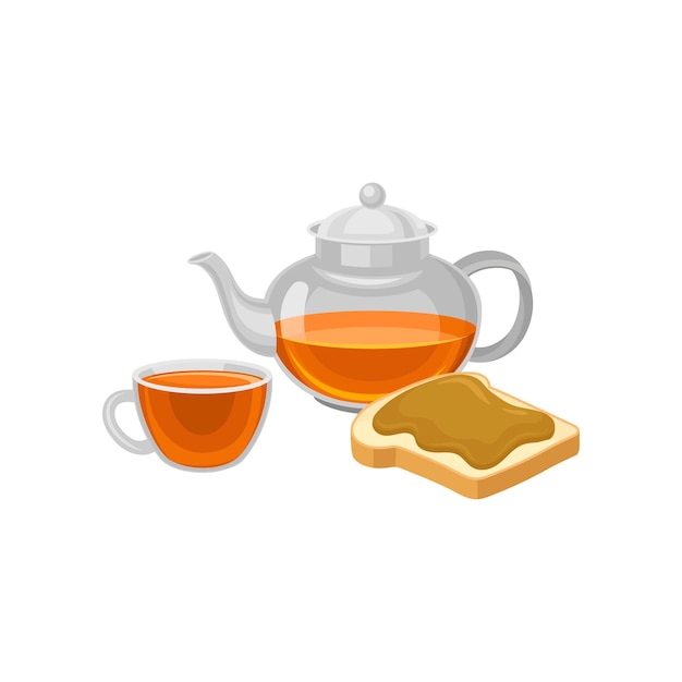 Icono de vector plano de tetera de vidrio y taza con tostadas de té recién hecho con mantequilla de maní Delicioso desayuno Tema de comida y bebida