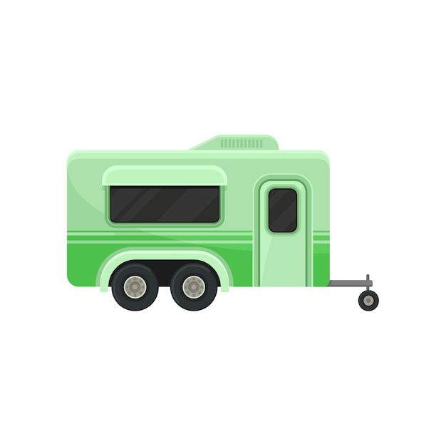 Icono de vector plano de vista lateral de caravana verde brillante Hogar moderno de ruedas Transporte para viajes familiares Tema de vacaciones y turismo