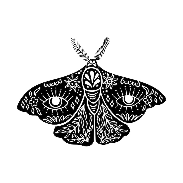 Icono del vector de la polilla de la luna celestial silueta de insecto floral místico aislada en fondo blanco boho y magia clipart símbolo oculto ilustración impresión artística de mariposa negra para camiseta