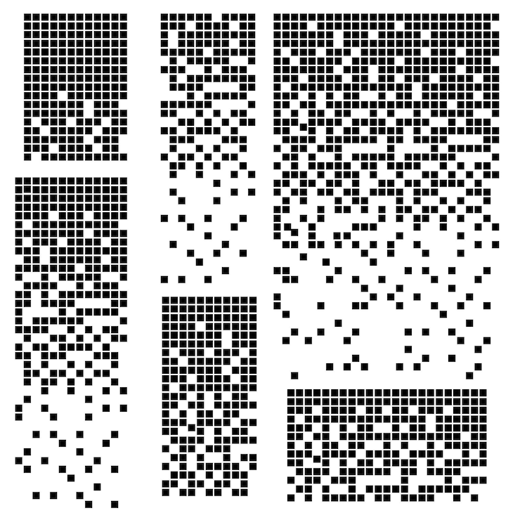 Vector icono de vector de puntos cuadrados rellenos disueltos con efecto de desintegración los elementos del rectángulo del vector se agrupan aislados en fondo blanco