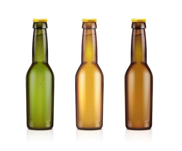 icono de vector realista Conjunto de botellas de cerveza transparentes marrones verdes y amarillas aisladas en ba blanca
