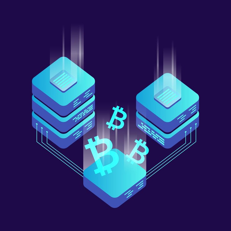 Vector icono de vector de servidor bitcoin de minería en estilo isométrico fondo de ilustración de centro de datos de granja de dinero criptográfico blockchain concepto de cadena de bloque