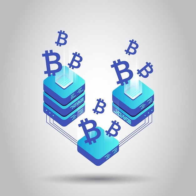 Icono de vector de servidor bitcoin de minería en estilo isométrico Fondo de ilustración de centro de datos de granja de dinero criptográfico Blockchain Concepto de cadena de bloque