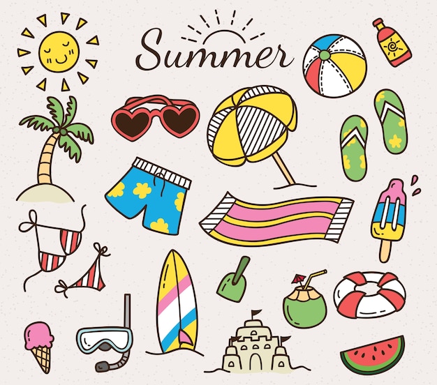 Icono de vector de verano en estilo de dibujos animados lindo doodle