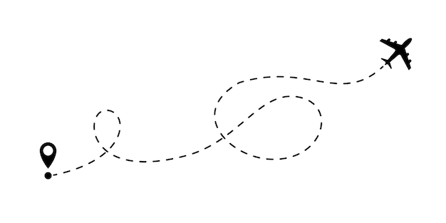 Icono de vector de vuelo de línea de avión ruta de vuelo de avión con pasador de punto de destino para entrega de viajes y diseño de línea de guión de logística