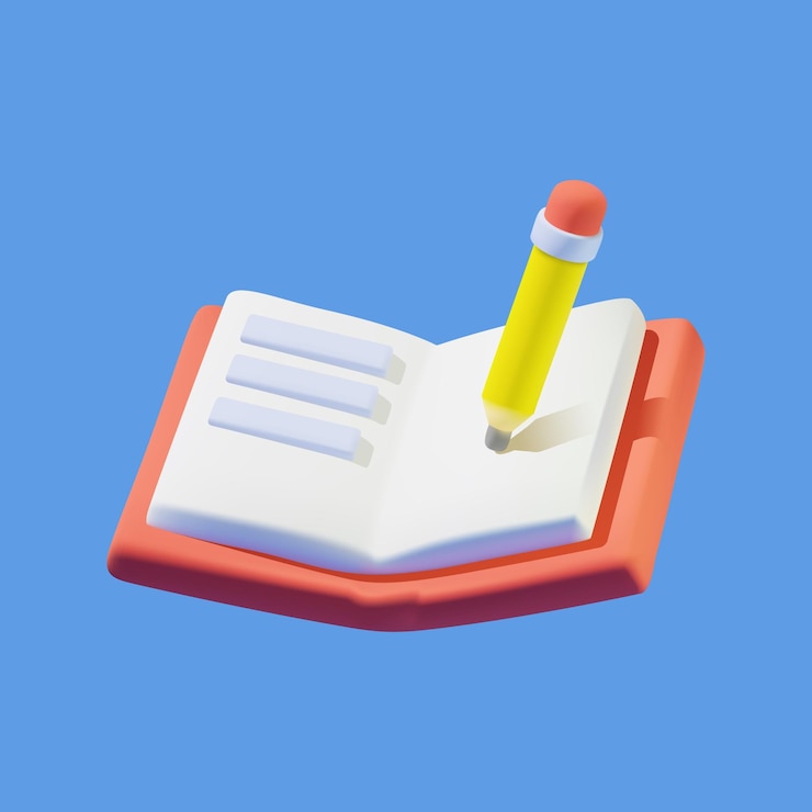 Vector icono vectorial 3d libro abierto con lápiz en un fondo azul estilo minimalista de dibujos animados