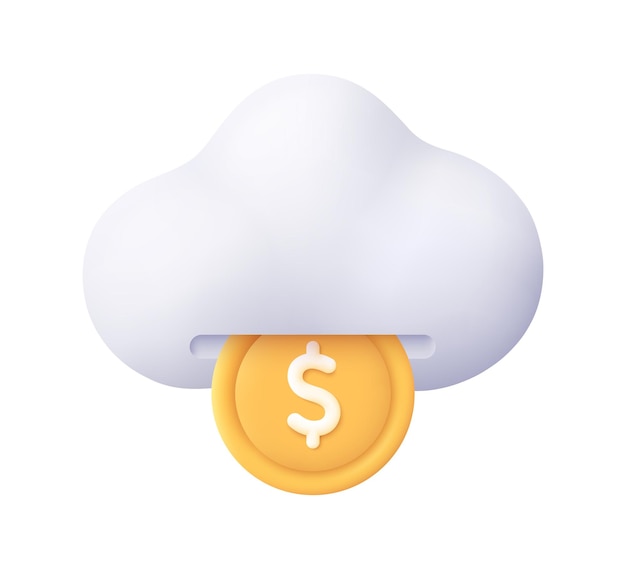 Vector icono vectorial 3d de nubes y monedas de dinero estilo minimalista de dibujos animados