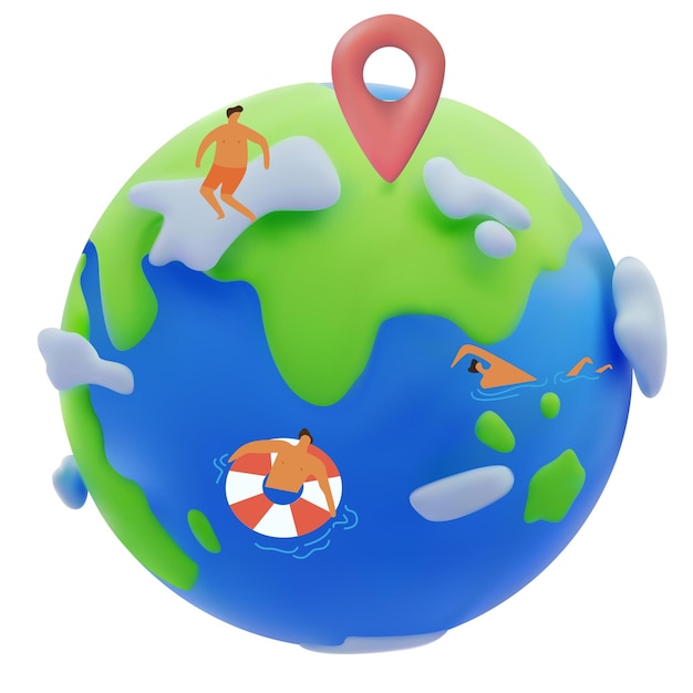 Icono vectorial 3D del planeta Tierra de dibujos animados con personas planas en el agua sobre un fondo blanco