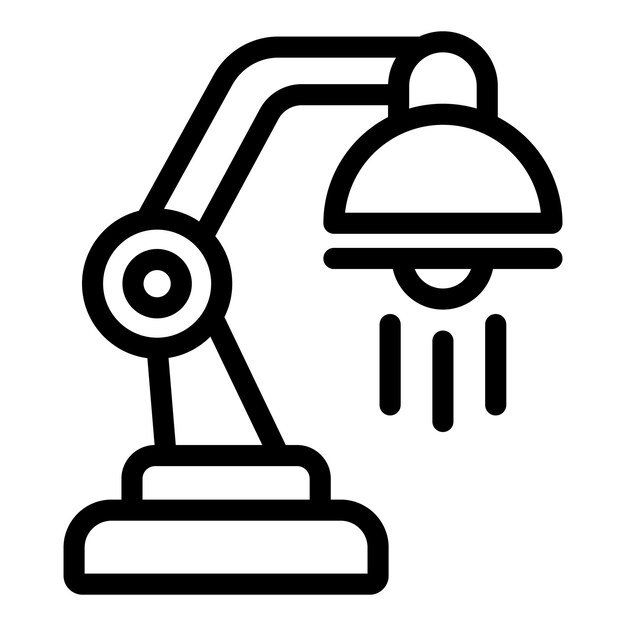 Icono vectorial en blanco y negro de una lámpara de escritorio moderna con rayos de luz que brillan hacia abajo