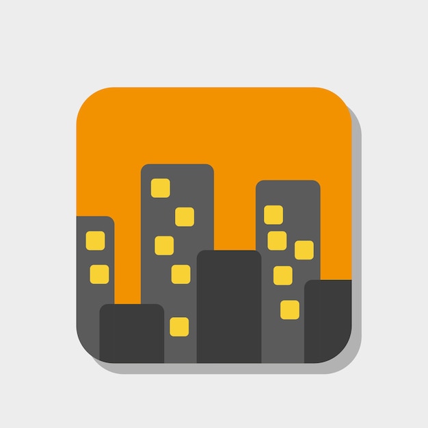 Un icono vectorial de la ciudad durante la puesta de sol con bordes redondeados sobre fondo blanco. vector de edificios de apartamentos.