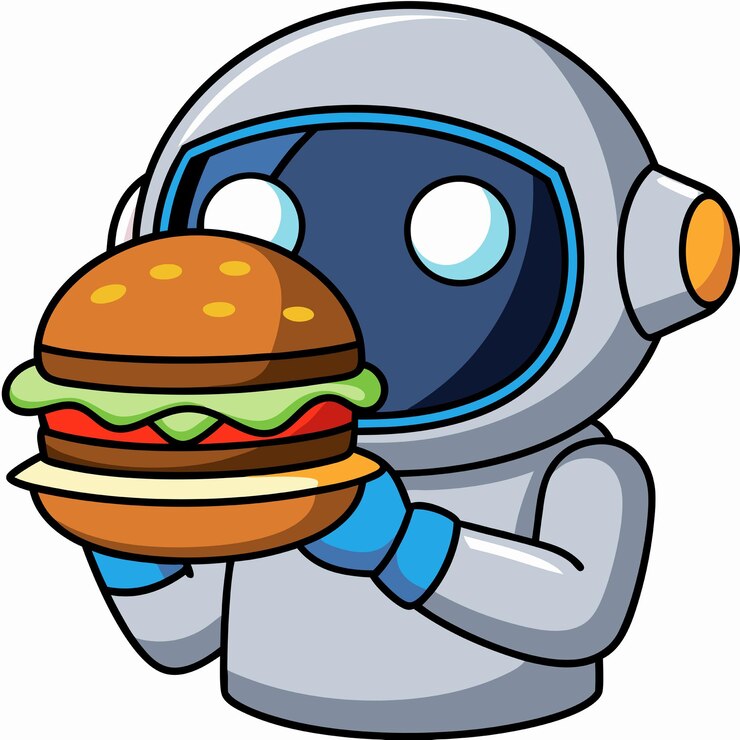 Vector icono vectorial de dibujos animados del astronauta lindo comiendo hamburguesas ilustración ciencia icono de comida concepto aislado estilo de dibuyos animados plano vectorial premium
