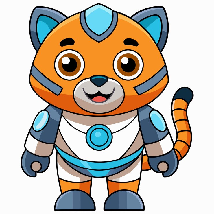 Vector el icono vectorial de dibujos animados de cyborg, un robot tigre lindo, la ilustración de la tecnología animal, el concepto de icono aislado, el estilo de dibujo animado plano vectorial premium.