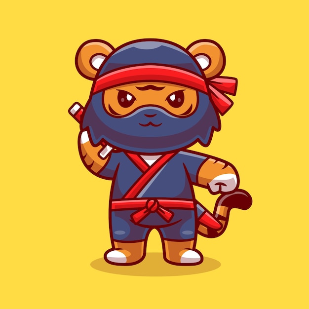 Icono vectorial de dibujos animados con la espada de un ninja tigre lindo Icono de vacaciones de animales aislado plano