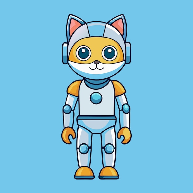 Icono vectorial de dibujos animados de un lindo robot gato de pie erguido con elementos robóticos
