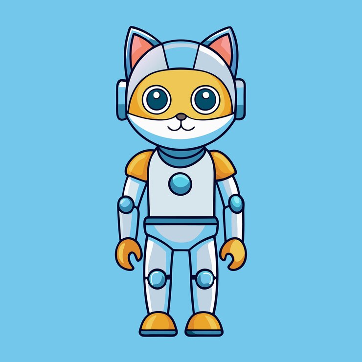 Vector icono vectorial de dibujos animados de un lindo robot gato de pie erguido con elementos robóticos