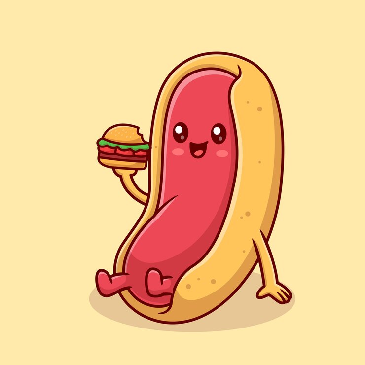 El icono vectorial de dibujos animados del perro caliente que come hamburguesa Ilustración del icono de comida de vacaciones Vector plano aislado