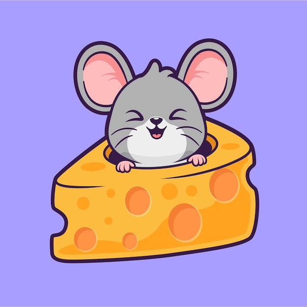 Icono vectorial de dibujos animados de ratón lindo en queso Ilustración Icono de comida animal Icono de vector plano aislado