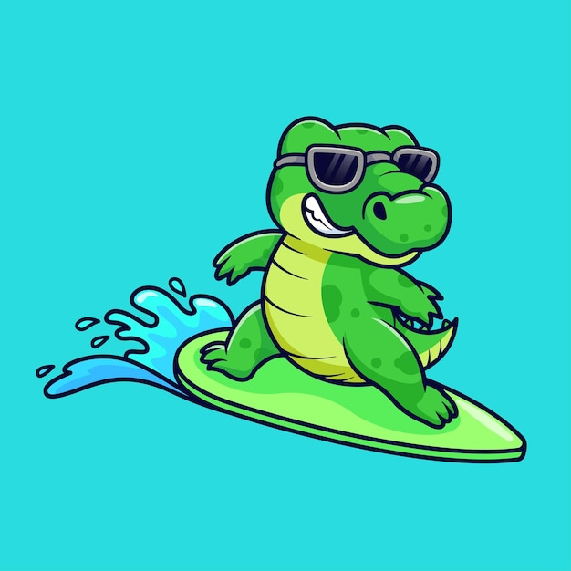 Icono vectorial de dibujos animados de surfeo de cocodrilo lindo Ilustración Icono deportivo de animales Vector plano aislado