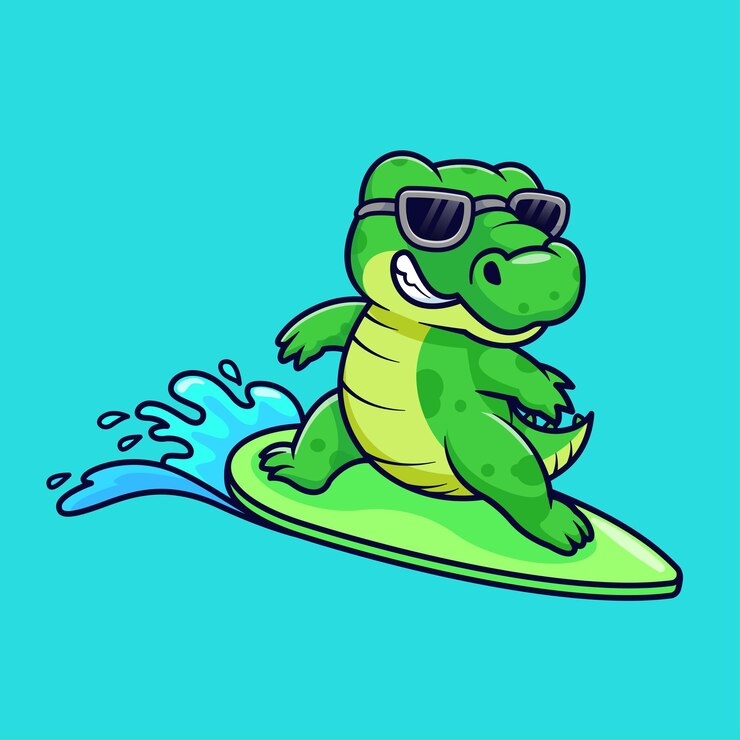 Vector icono vectorial de dibujos animados de surfeo de cocodrilo lindo ilustración icono deportivo de animales vector plano aislado
