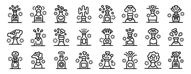 Icono vectorial de explosión de champán Una colección de iconos en blanco y negro de varias botellas y jarrones