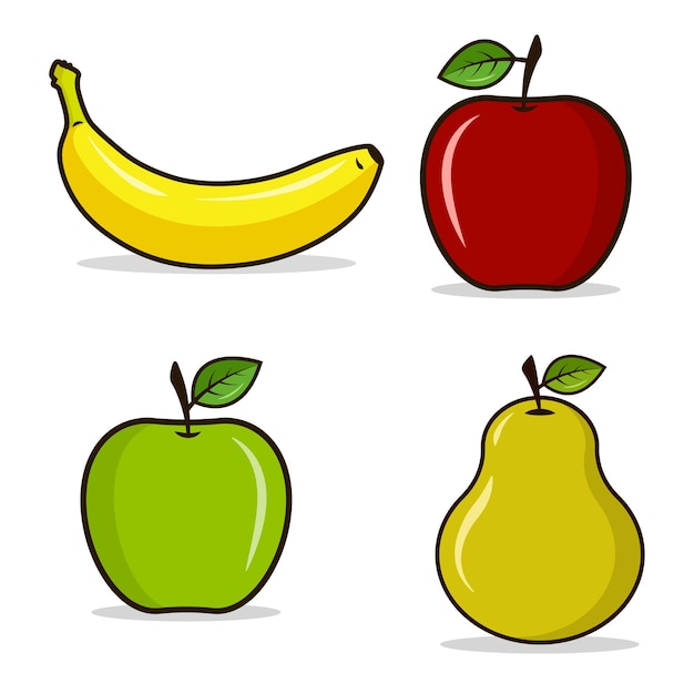 Vector icono vectorial de frutas con contorno plátano amarillo manzana verde manzana roja pera amarilla