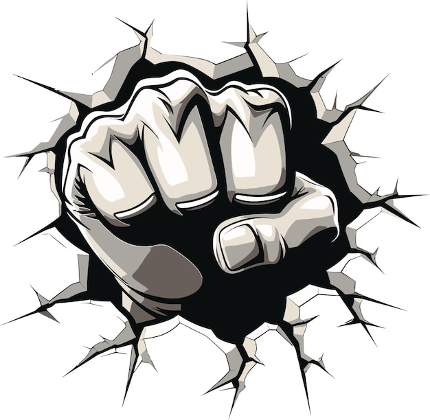 Icono vectorial de mighty impact black fist y wall logo punching a través del puño de dibujos animados y la pared agrietada e