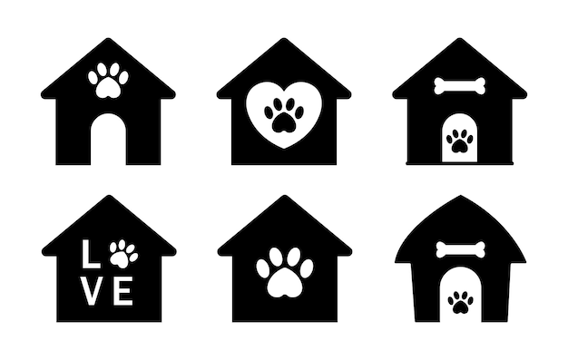 Icono vectorial de perrera de perrera con hueso, amor, corazón y conjunto de símbolos de patas Vector de perrera