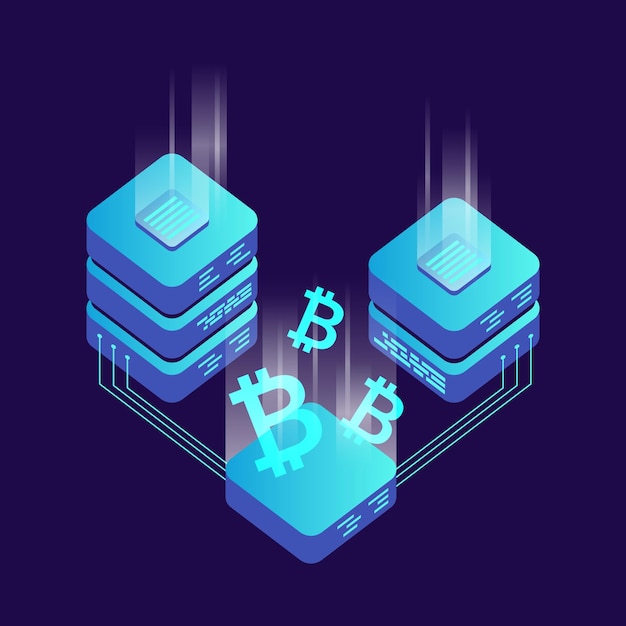 El icono vectorial del servidor de minería de bitcoin en estilo isométrico Blockchain criptomoneda granja centro de datos ilustración de fondo Concepto de cadena de bloques
